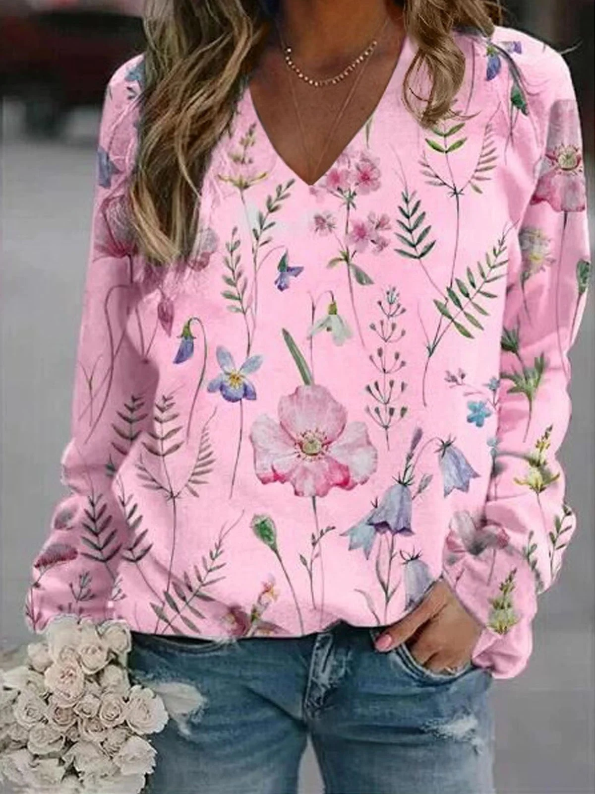 Floral Casual V-neck Sweatshirt