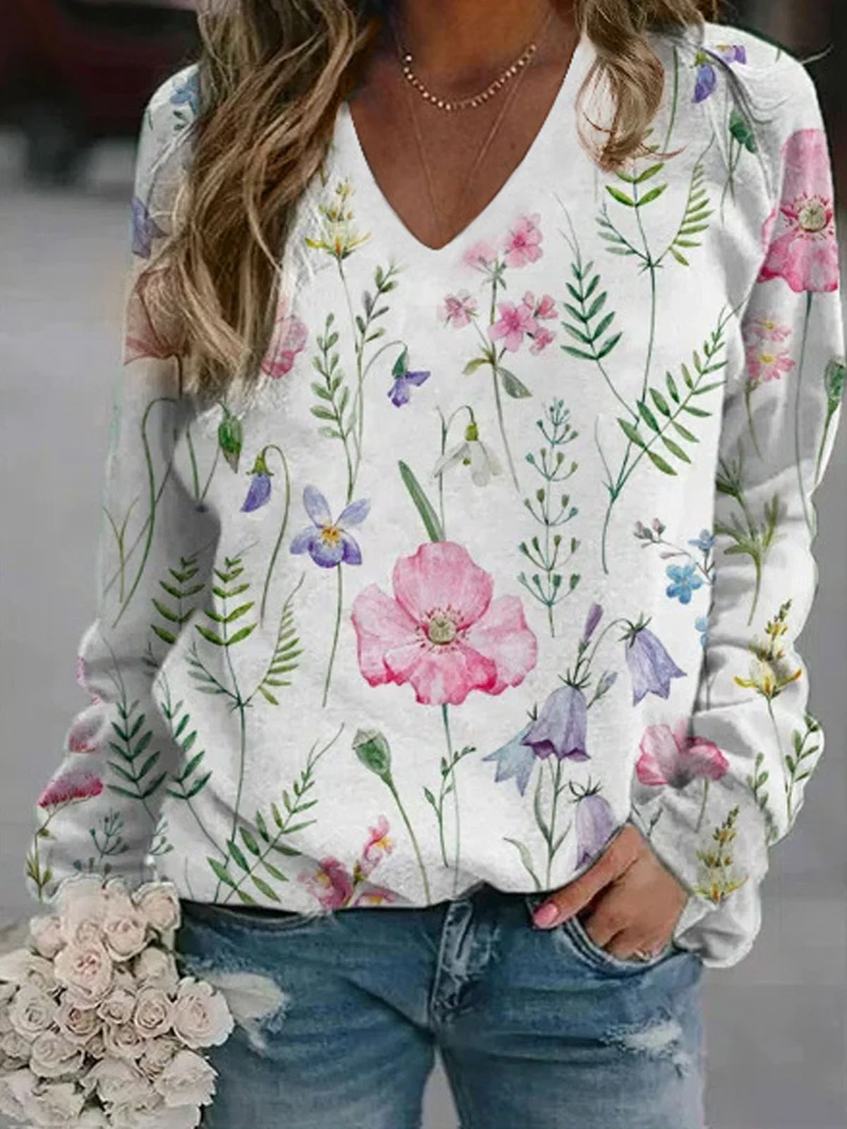 Floral Casual V-neck Sweatshirt