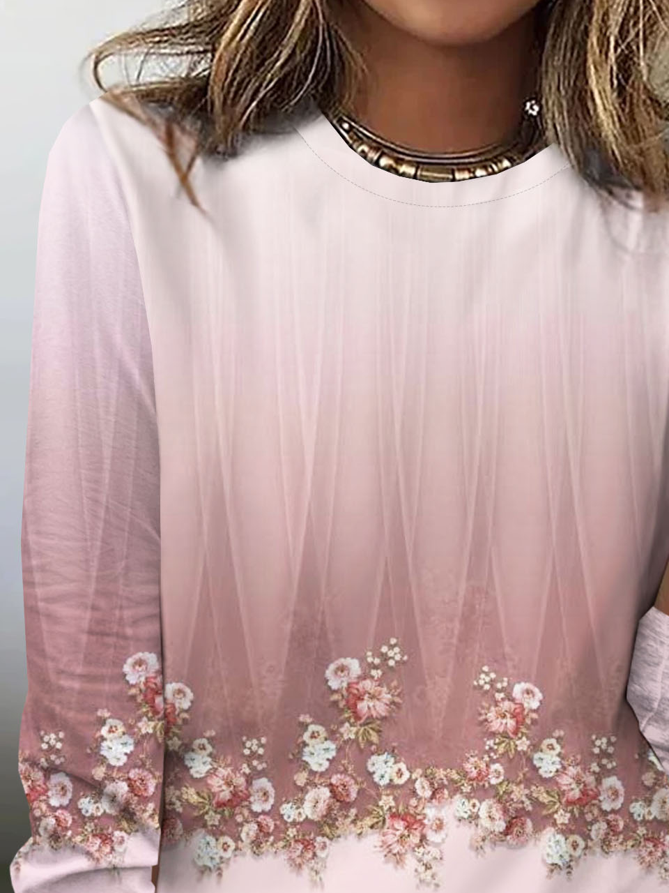 Pink floral print casual round neck women's T-shirt