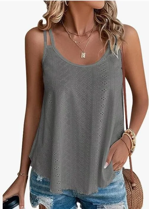 Plain Solid A-Line Tank Casual Eyelet Embroidery Cami