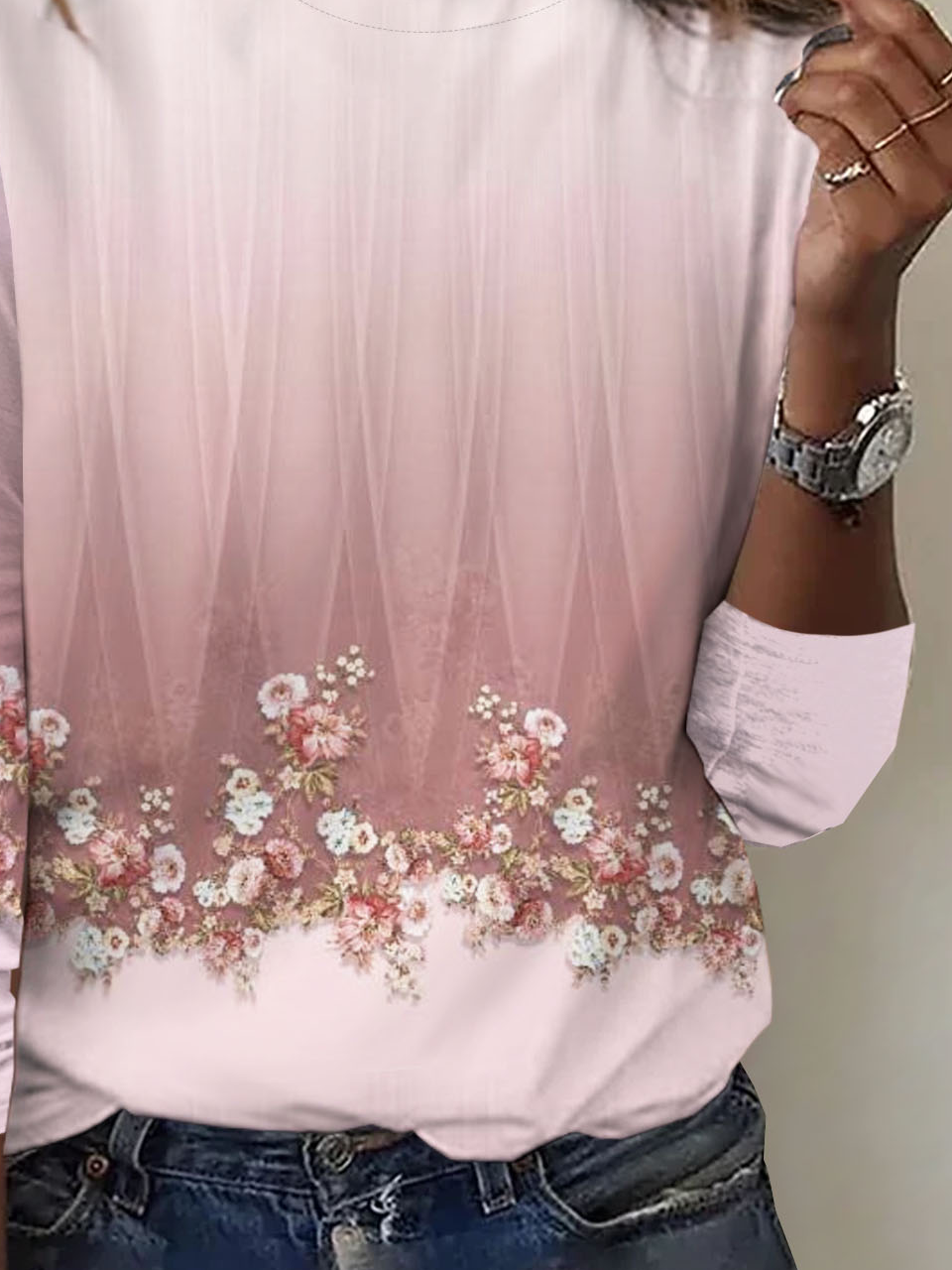 Pink floral print casual round neck women's T-shirt