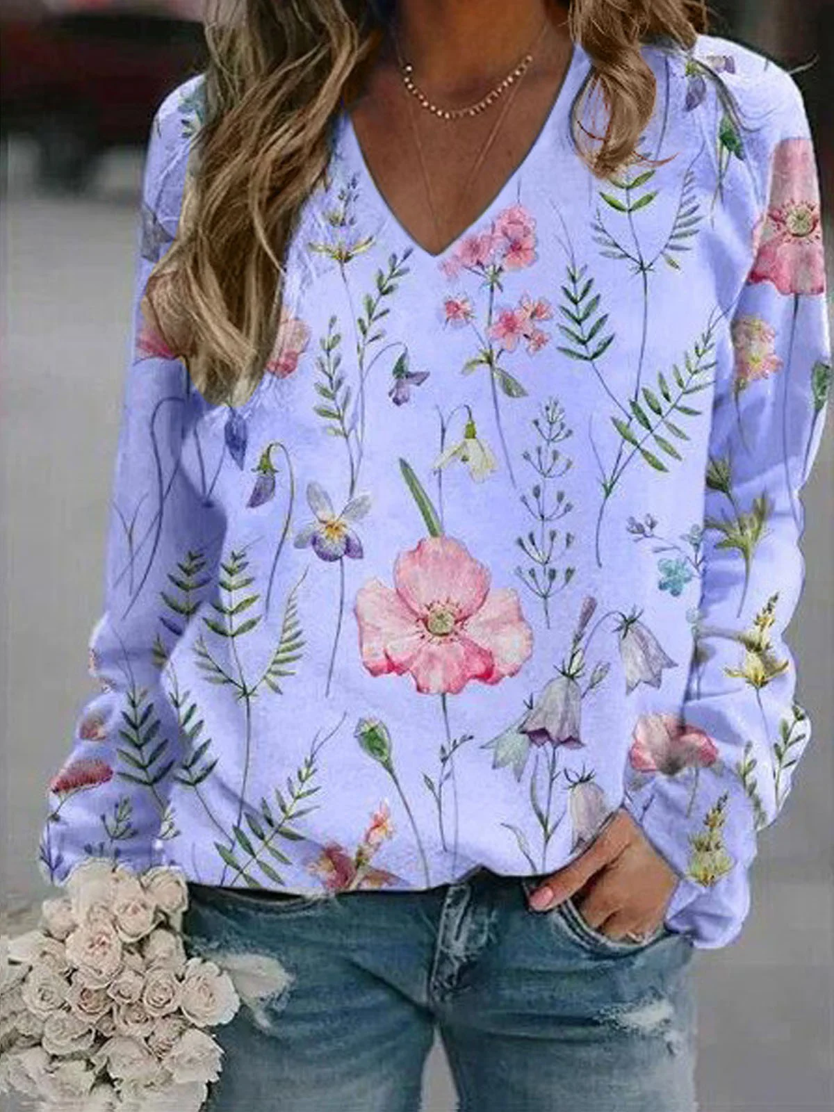 Floral Casual V-neck Sweatshirt