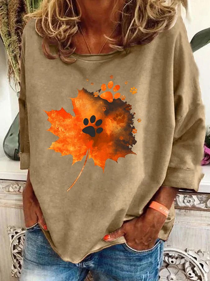 Maple Leaf Dog Paw Print Casual Sweatshirt