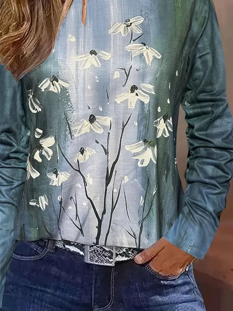 Floral print casual round neck long sleeved women's T-shirt