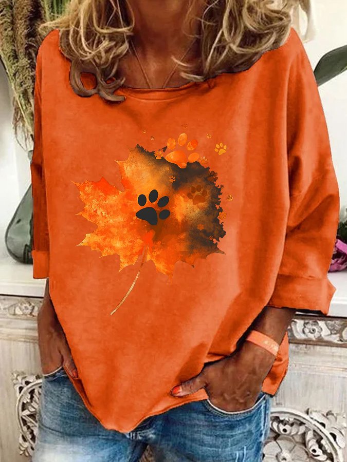 Maple Leaf Dog Paw Print Casual Sweatshirt