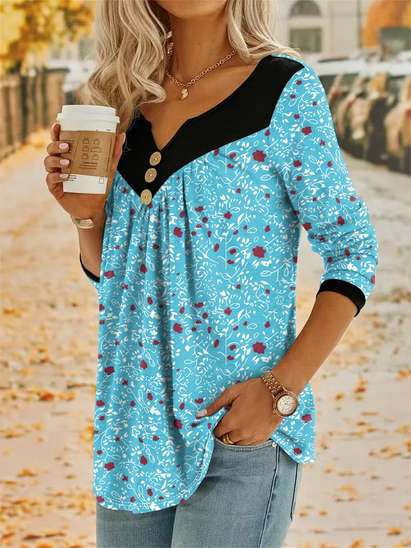 Notched Casual Floral Blouse