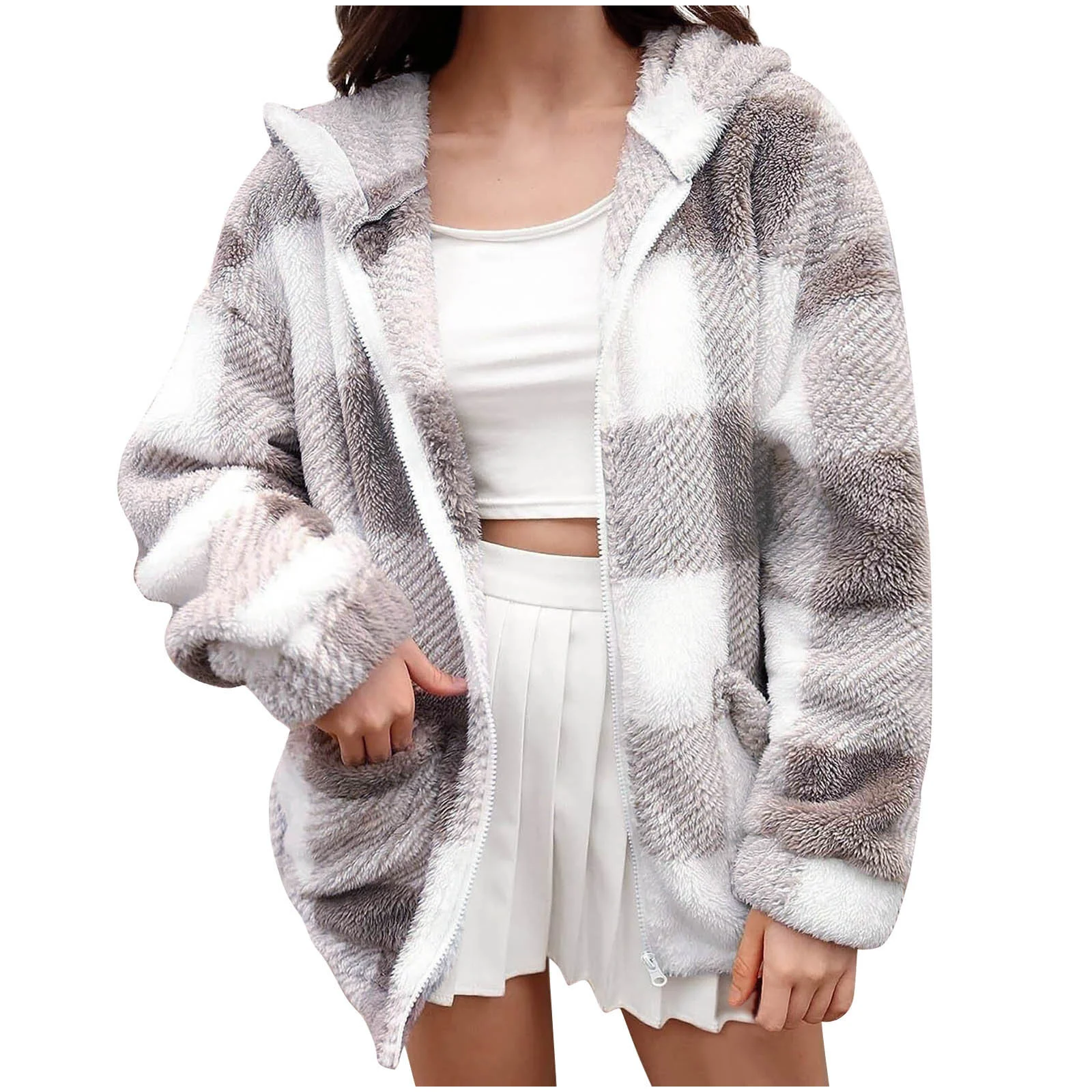 Loose Plaid Hoodie Casual Teddy Jacket