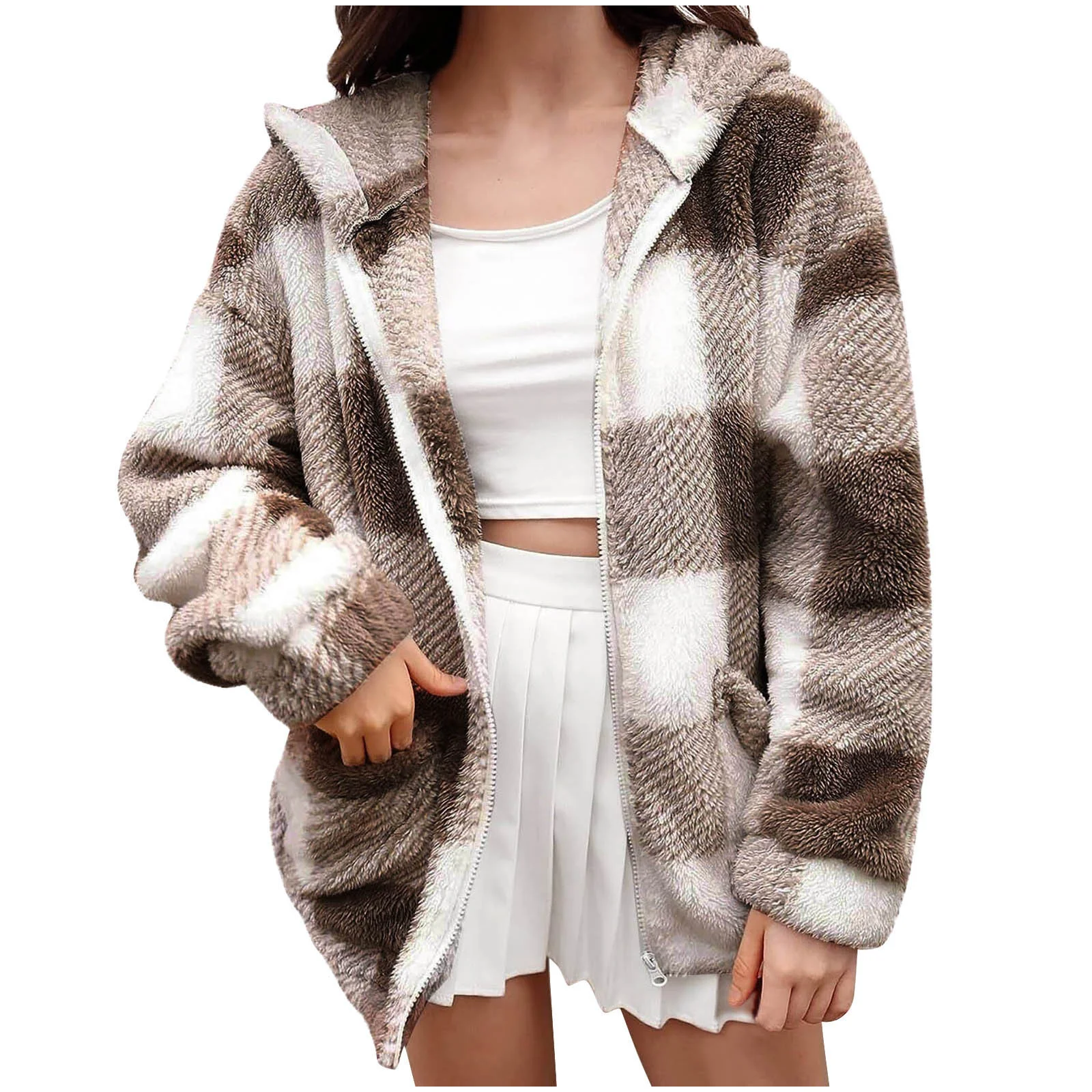 Loose Plaid Hoodie Casual Teddy Jacket