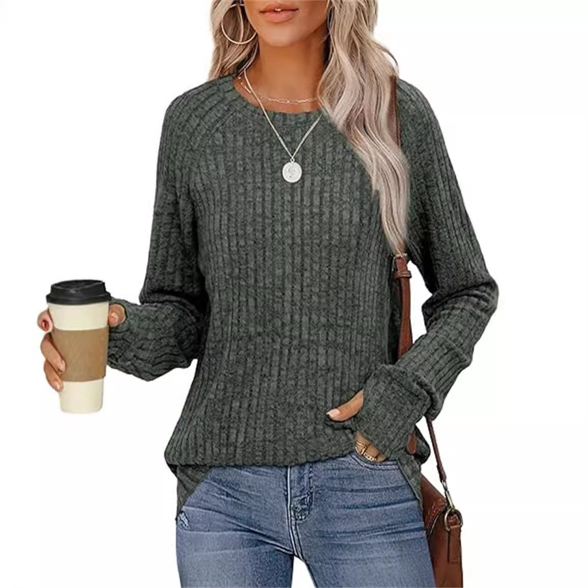 Women's Long Sleeve Blouse Spring/Fall Deep Gray Plain Crew Neck Daily Going Out Casual Top