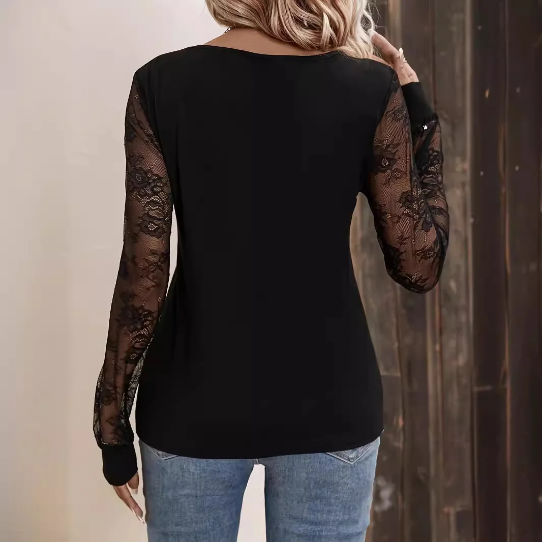 Women's Long Sleeve Blouse Spring/Fall Black Plain Lace V Neck Daily Going Out Casual Top