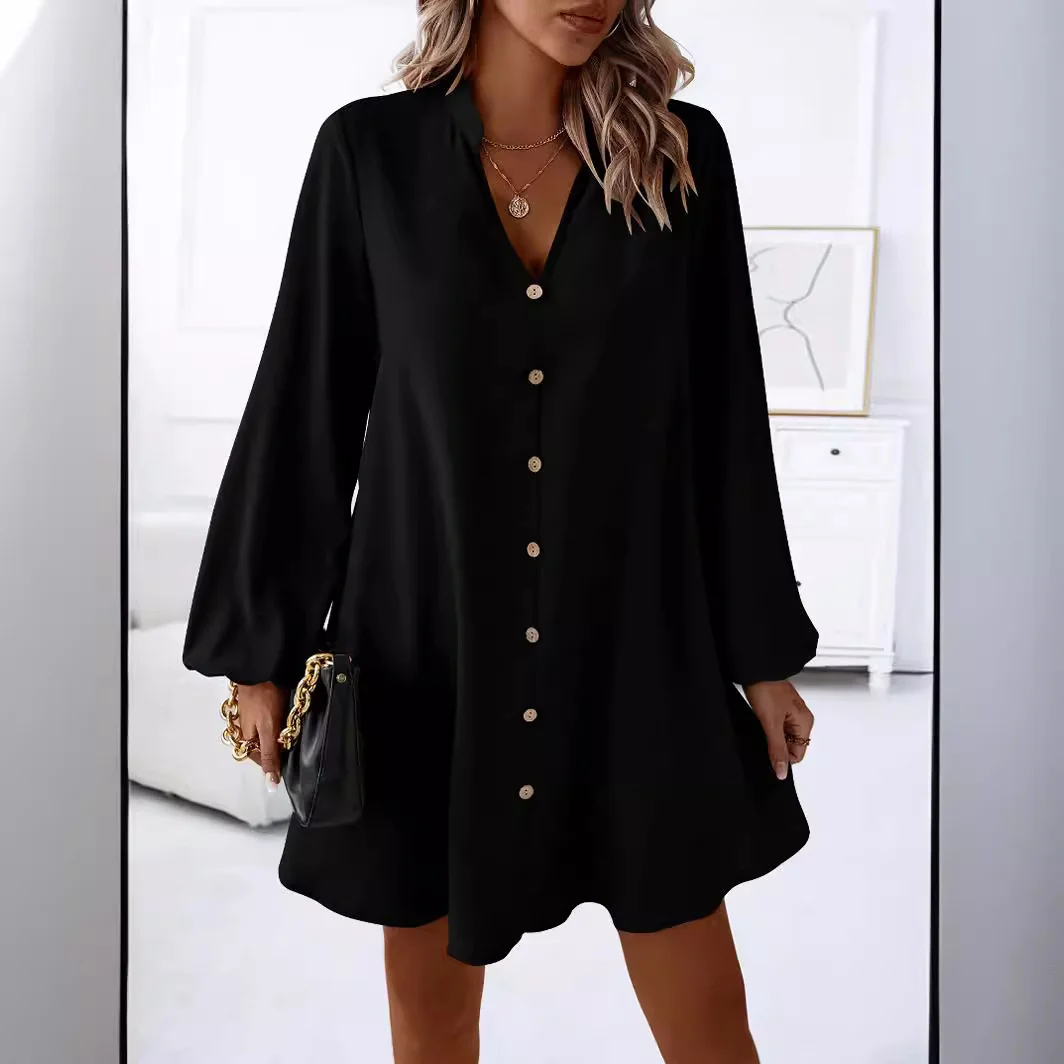 Women's Long Sleeve Summer Black Plain Buckle V Neck Daily Going Out Casual Knee Length H-Line Dress