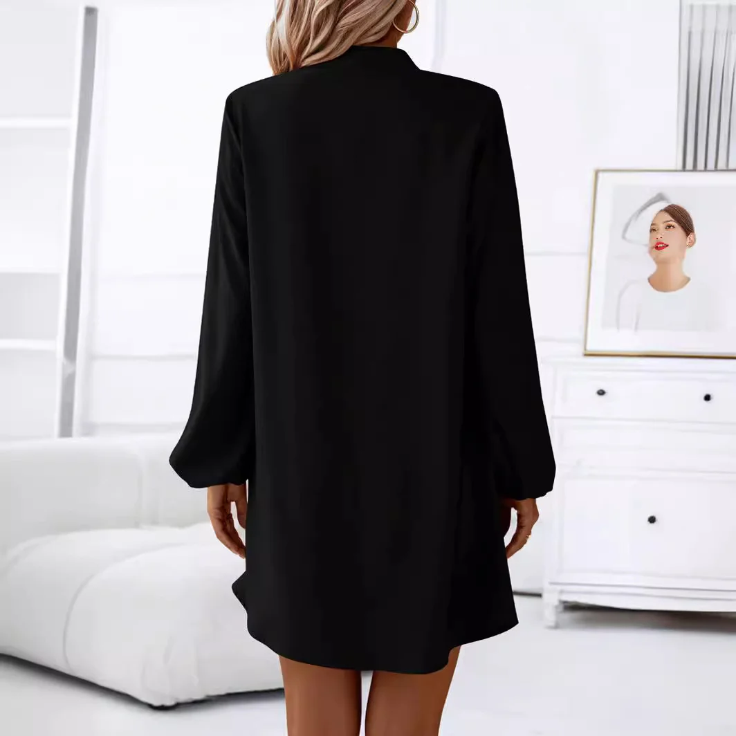 Women's Long Sleeve Summer Black Plain Buckle V Neck Daily Going Out Casual Knee Length H-Line Dress