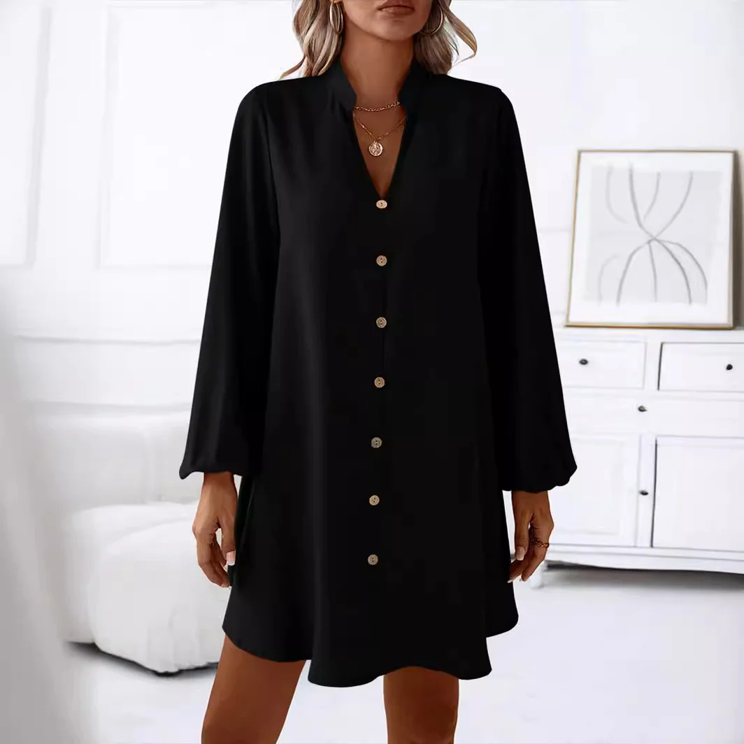 Women's Long Sleeve Summer Black Plain Buckle V Neck Daily Going Out Casual Knee Length H-Line Dress