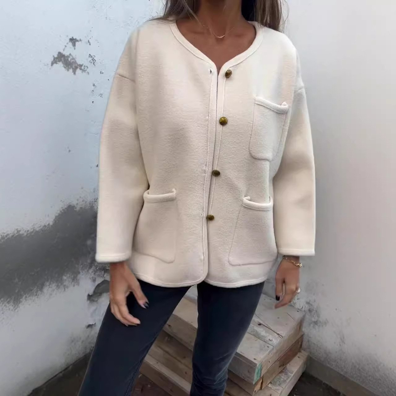 Loose Casual Buckle Crew Neck Teddy Jacket