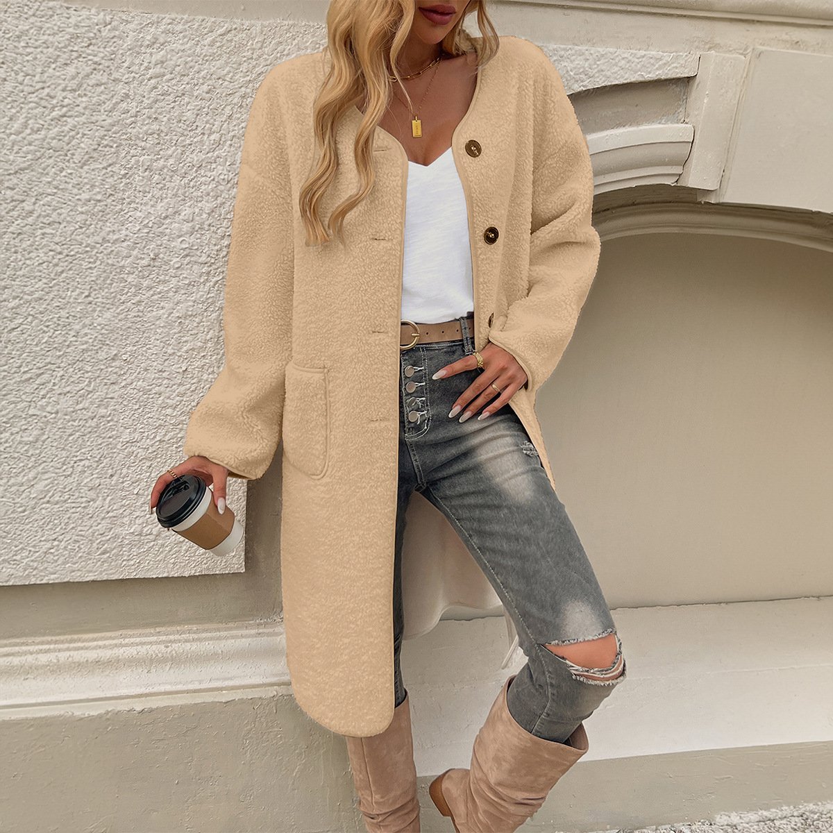 Loose Casual Crew Neck Teddy Jacket