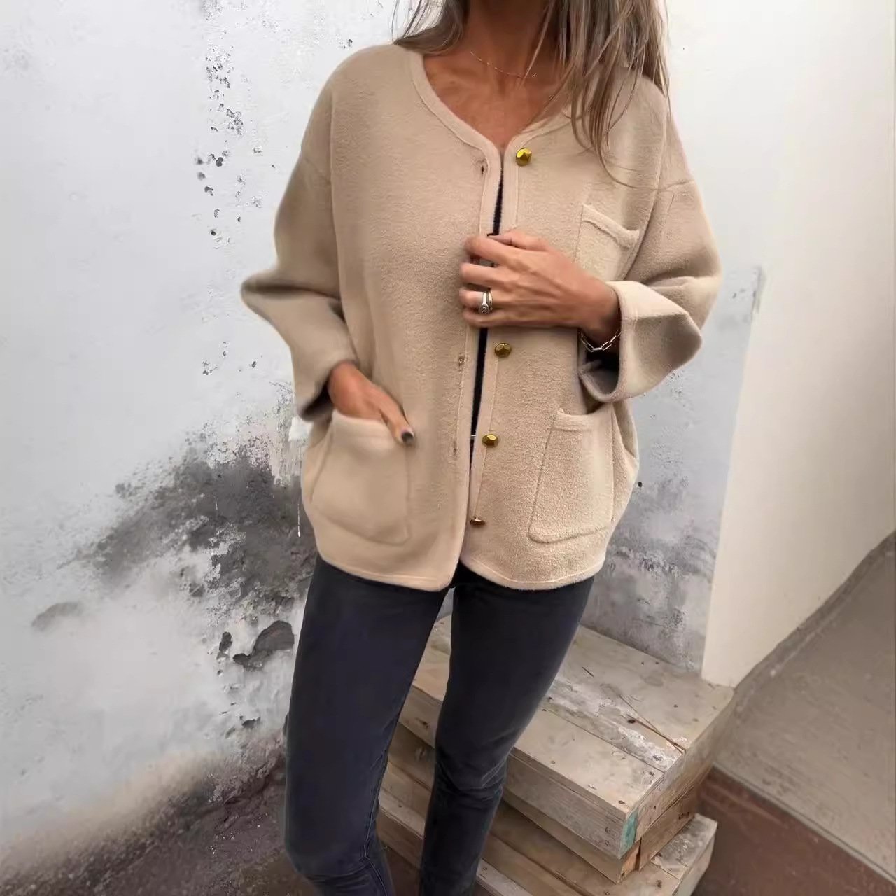 Loose Casual Buckle Crew Neck Teddy Jacket