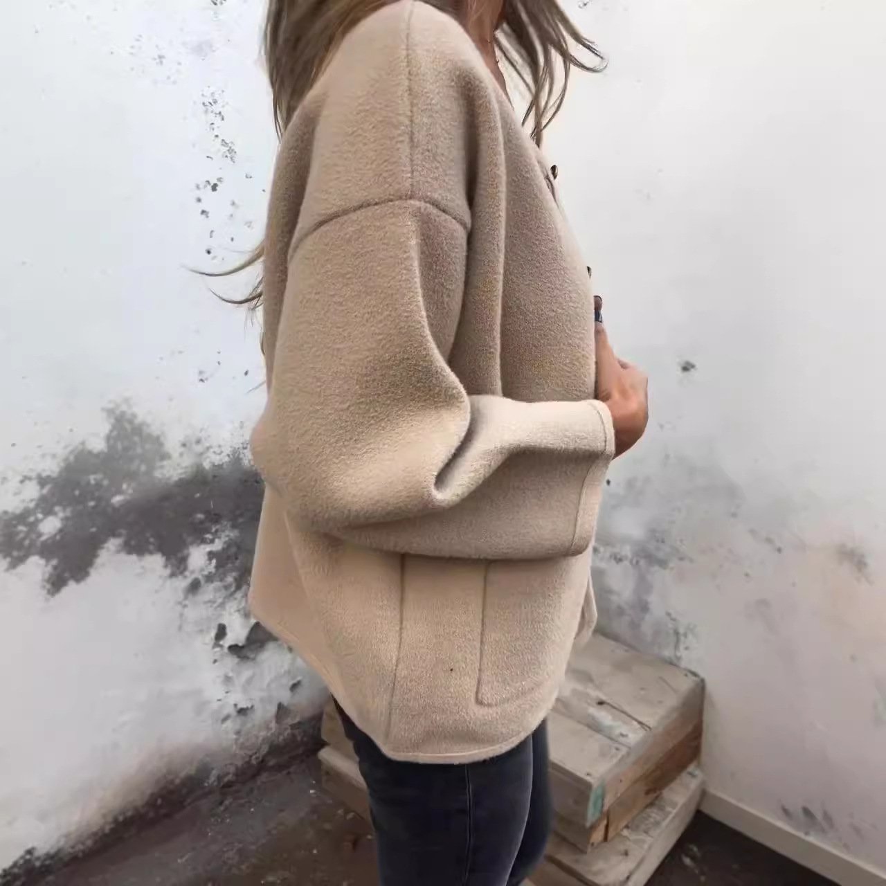 Loose Casual Buckle Crew Neck Teddy Jacket