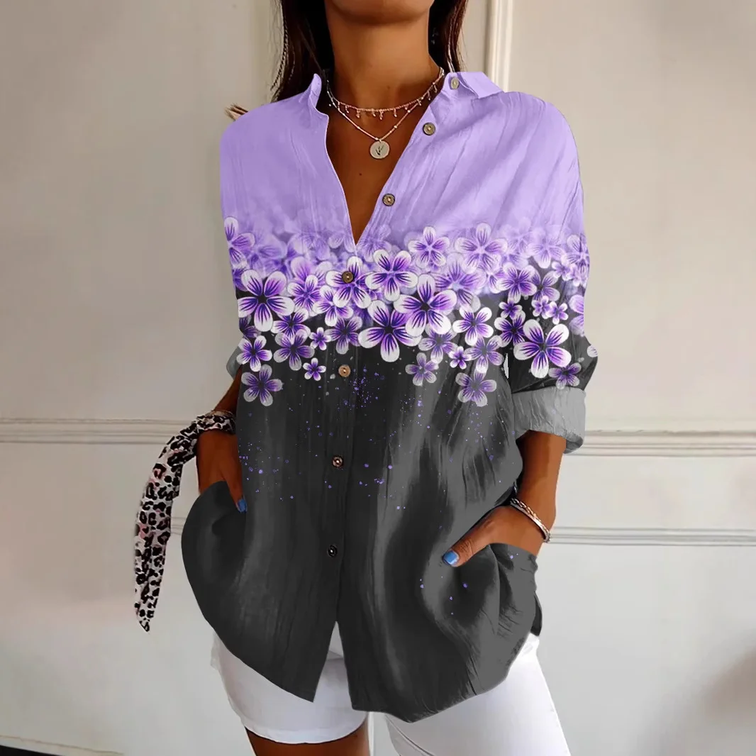 Women's Purple Art Flowers Print Casual Long Sleeve Shirt