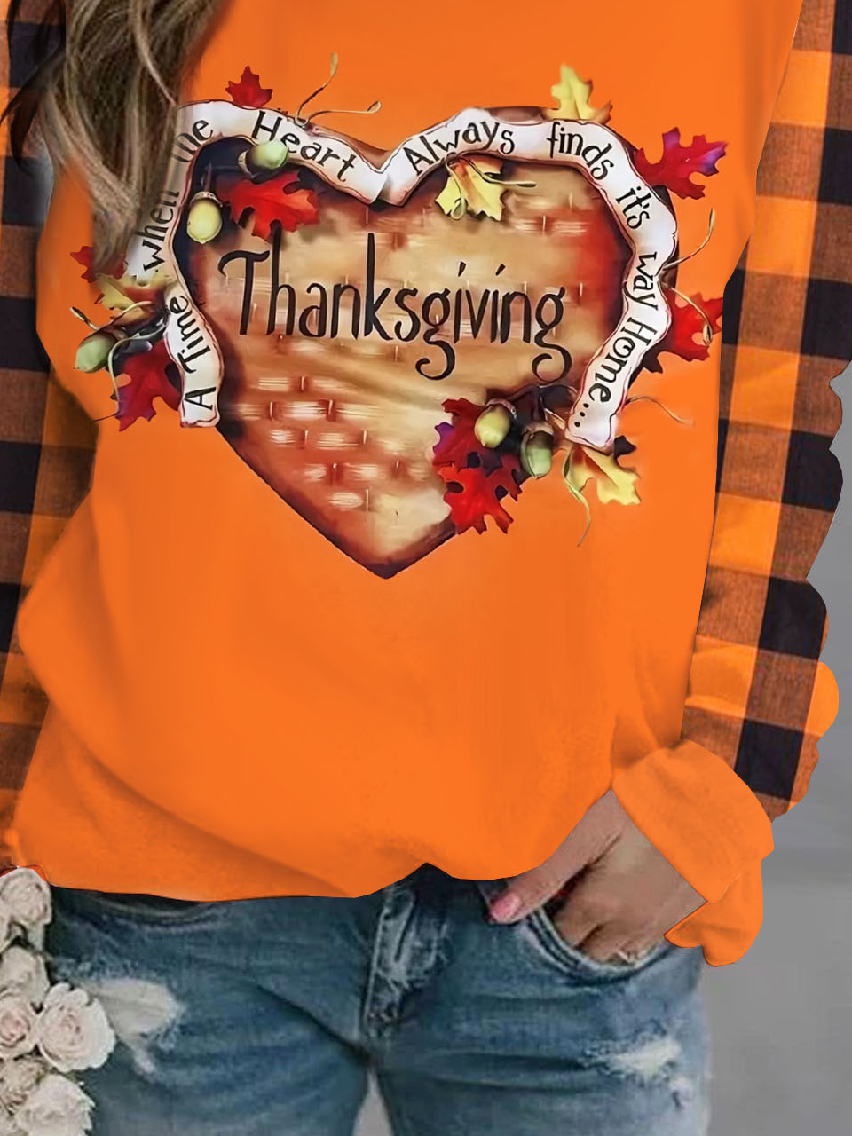 Thanksgiving printed round neck pullover sweatshirt