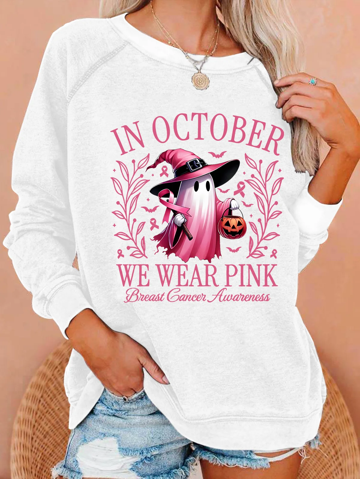 In October We Wear Pink Halloween Ghost Breast Cancer Awareness Warrior Casual Sweatshirt