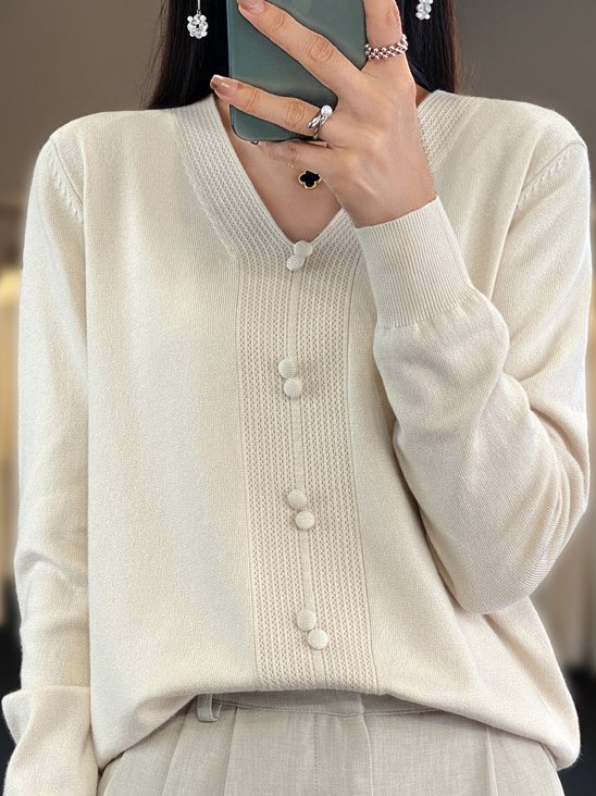 V Neck Buckle Casual Plain Sweater