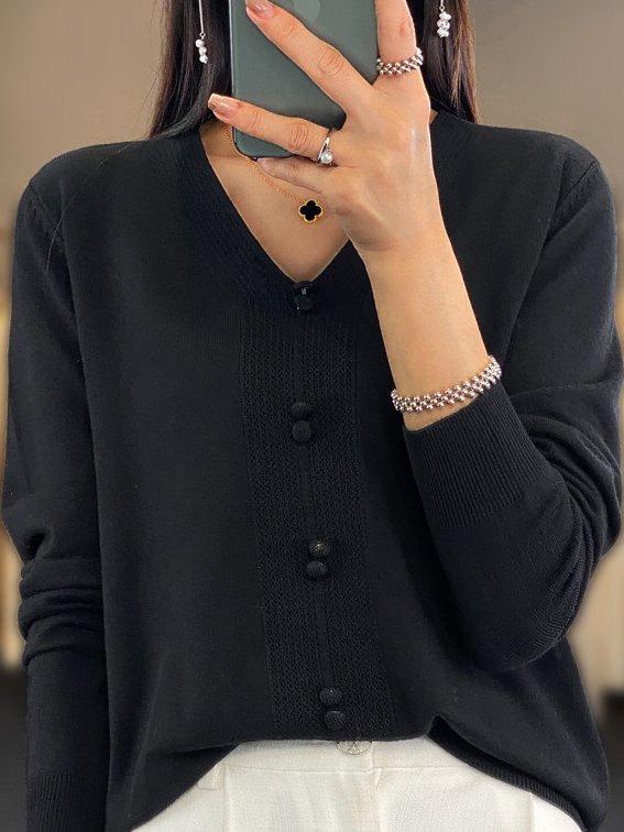 V Neck Buckle Casual Plain Sweater