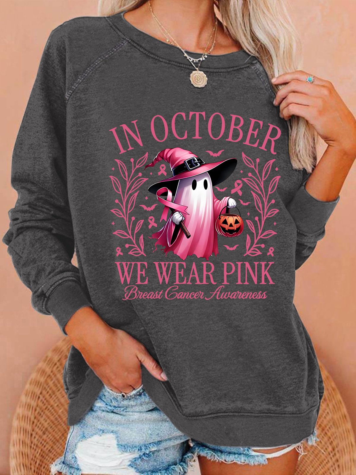 In October We Wear Pink Halloween Ghost Breast Cancer Awareness Warrior Casual Sweatshirt