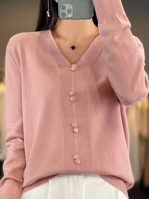 V Neck Buckle Casual Plain Sweater