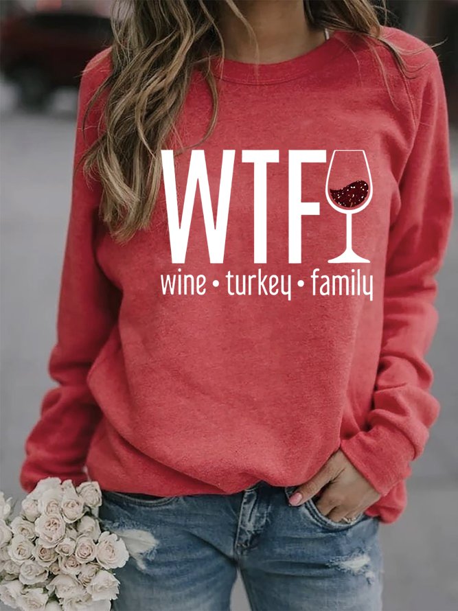 Women's Wine Turkey Family Print Casual T-Shirt