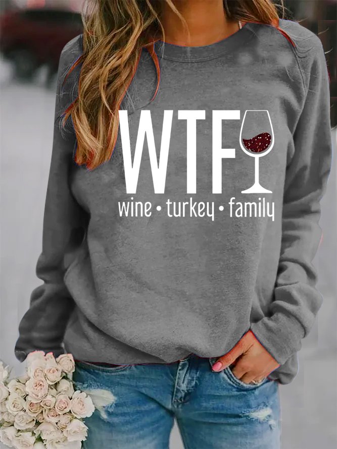 Women's Wine Turkey Family Print Casual T-Shirt