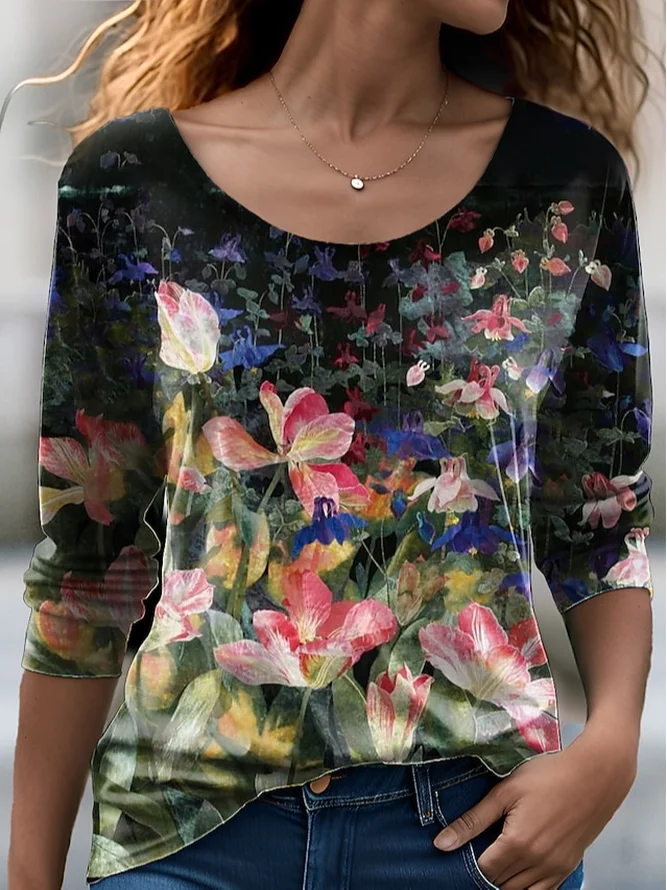 Women's Long Sleeve T-shirt Spring/Fall Black Floral Jersey Crew Neck Daily Going Out Casual Top