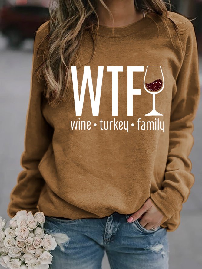 Women's Wine Turkey Family Print Casual T-Shirt