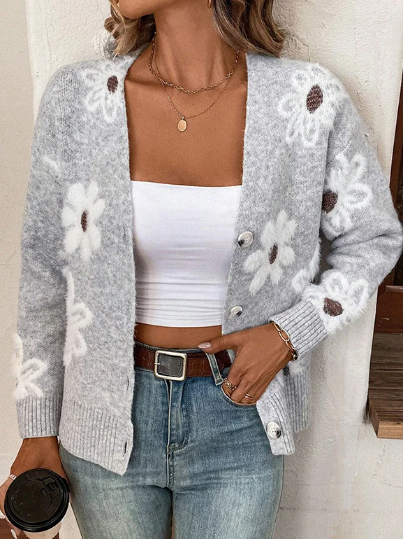 Yarn/Wool Yarn Floral Buckle Casual Cardigan