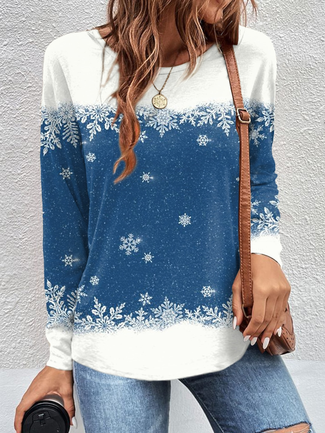 Women's Long Sleeve T-shirt Spring/Fall Blue Snowflake Jersey Crew Neck Daily Going Out Casual Top