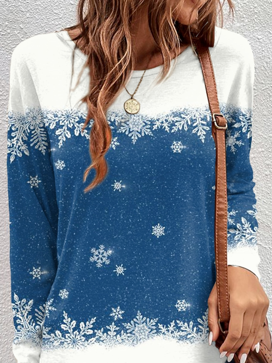 Women's Long Sleeve T-shirt Spring/Fall Blue Snowflake Jersey Crew Neck Daily Going Out Casual Top