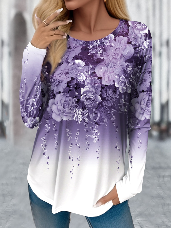 Women's Long Sleeve T-shirt Spring/Fall Purple Floral Jersey Crew Neck Daily Going Out Casual Top