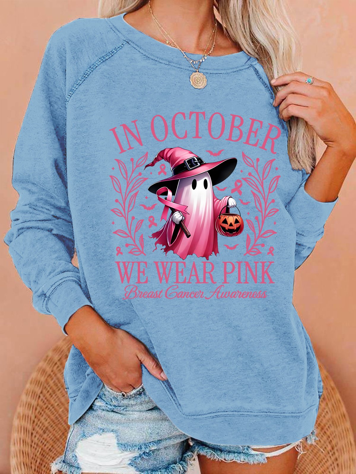 In October We Wear Pink Halloween Ghost Breast Cancer Awareness Warrior Casual Sweatshirt