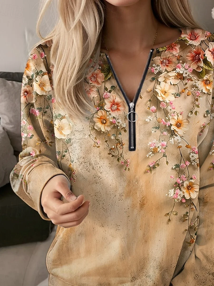 Crew Neck Floral Casual Zipper Sweatshirt