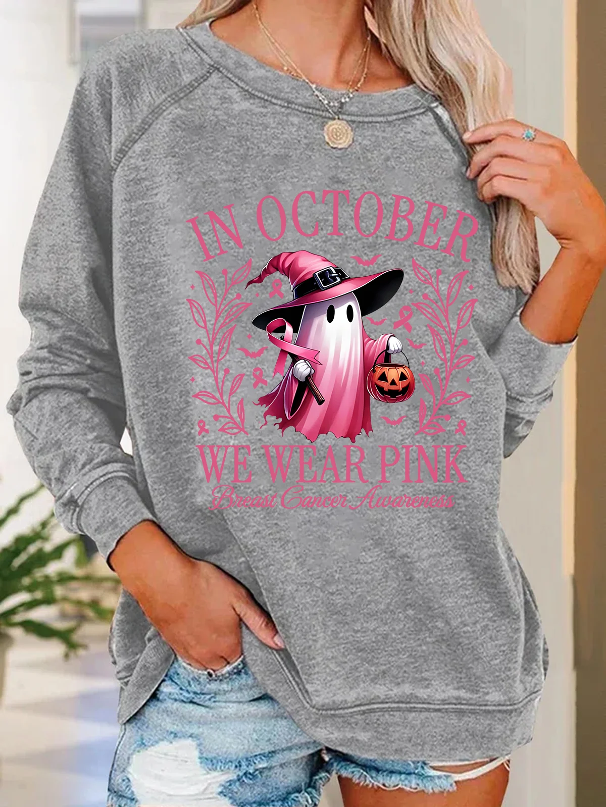 In October We Wear Pink Halloween Ghost Breast Cancer Awareness Warrior Casual Sweatshirt