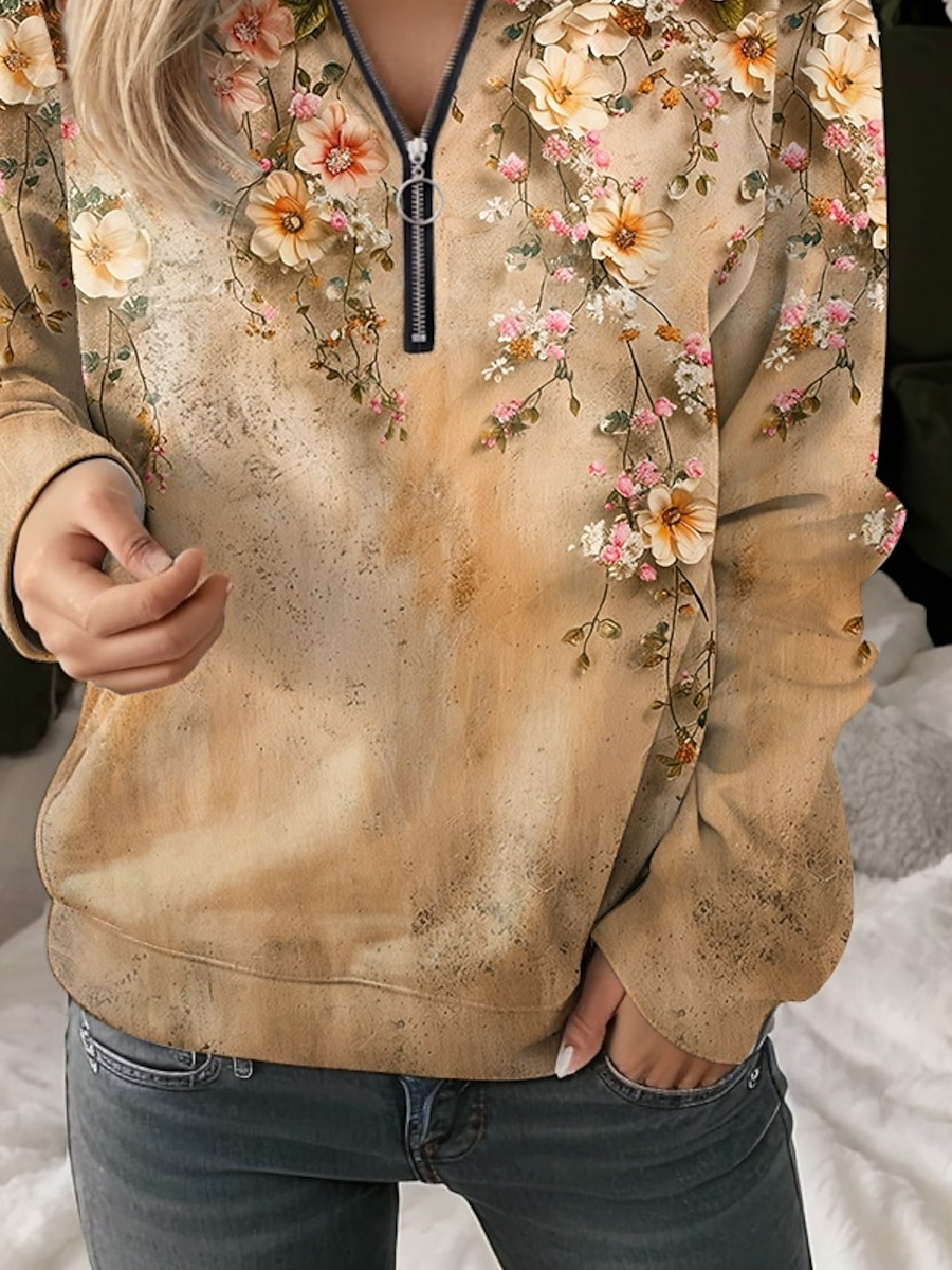 Crew Neck Floral Casual Zipper Sweatshirt