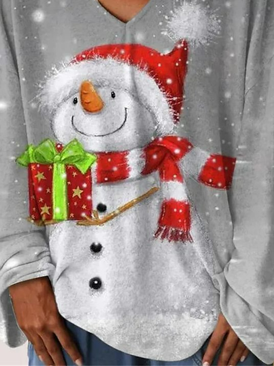 Women's Long Sleeve T-shirt Spring/Fall Gray Christmas Snowman Jersey V Neck Daily Going Out Casual Top