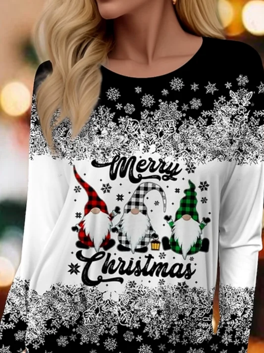 Women's Long Sleeve T-shirt Spring/Fall Black Christmas Jersey Crew Neck Daily Going Out Casual Top