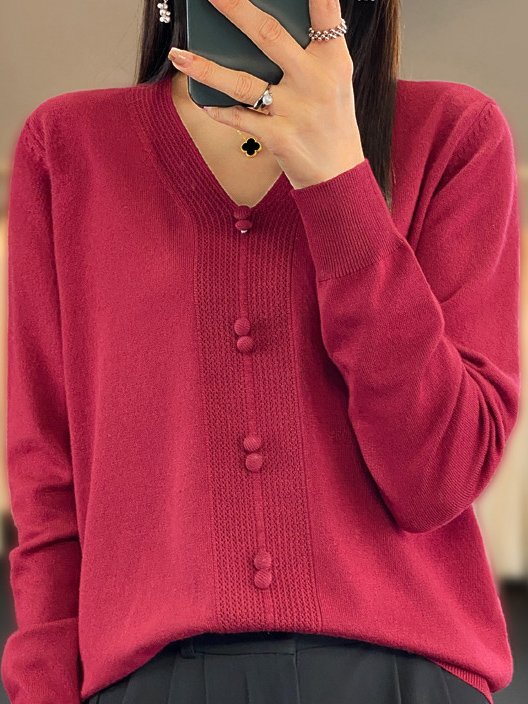 V Neck Buckle Casual Plain Sweater