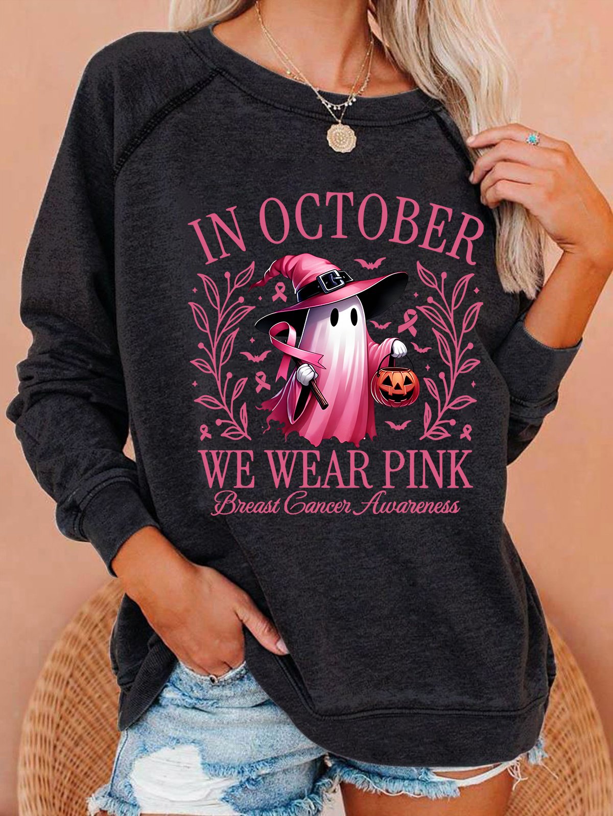 In October We Wear Pink Halloween Ghost Breast Cancer Awareness Warrior Casual Sweatshirt