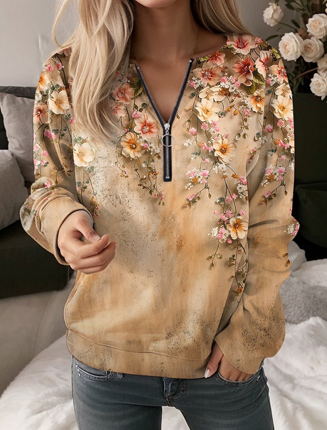 Crew Neck Floral Casual Zipper Sweatshirt