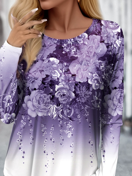 Women's Long Sleeve T-shirt Spring/Fall Purple Floral Jersey Crew Neck Daily Going Out Casual Top