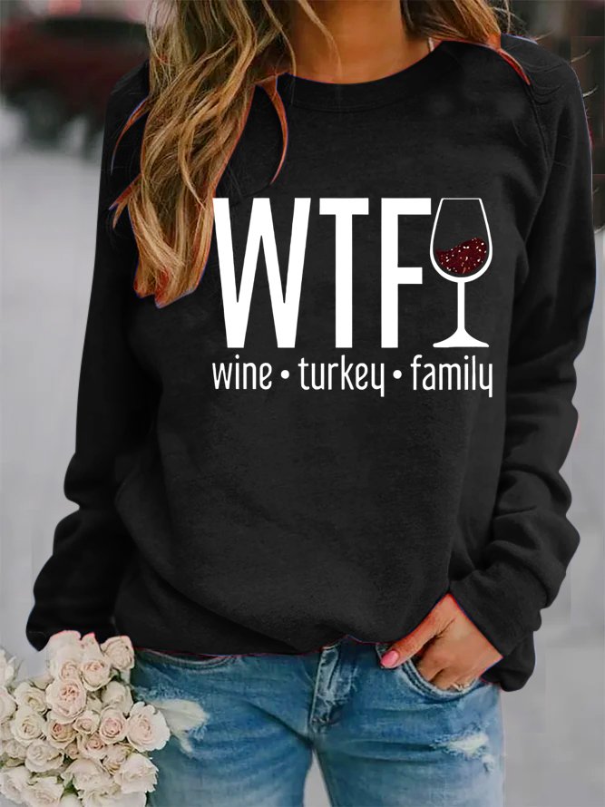 Women's Wine Turkey Family Print Casual T-Shirt