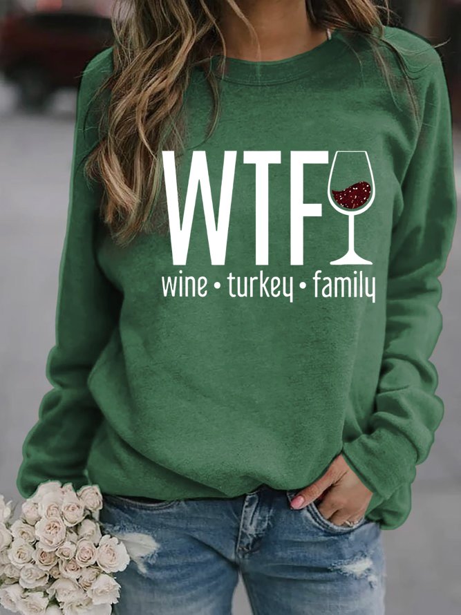 Women's Wine Turkey Family Print Casual T-Shirt