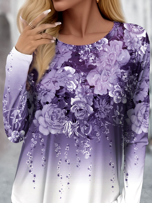 Women's Long Sleeve T-shirt Spring/Fall Purple Floral Jersey Crew Neck Daily Going Out Casual Top