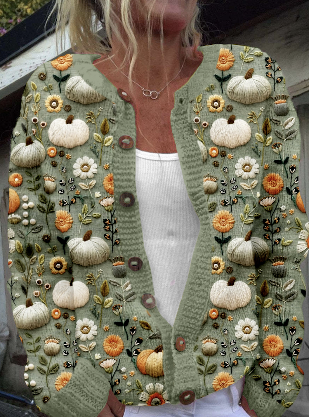 Fall Pumpkins Embroidered Cozy Knit Cardigan